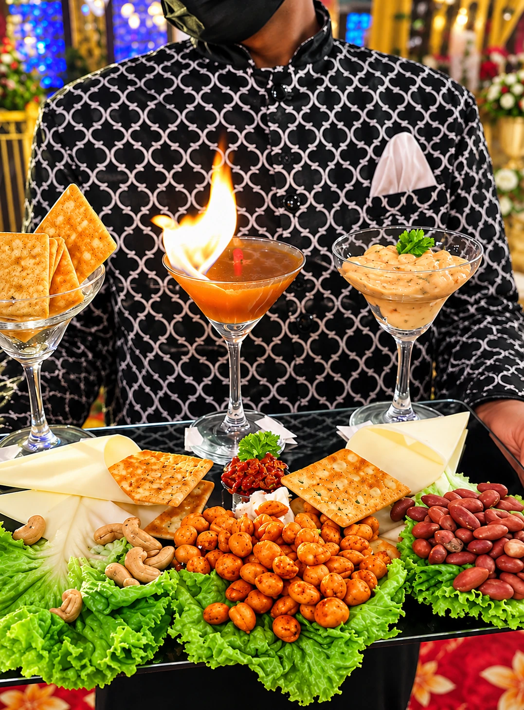 Serving tray with a flaming cocktail glass, crackers, cheese and nuts